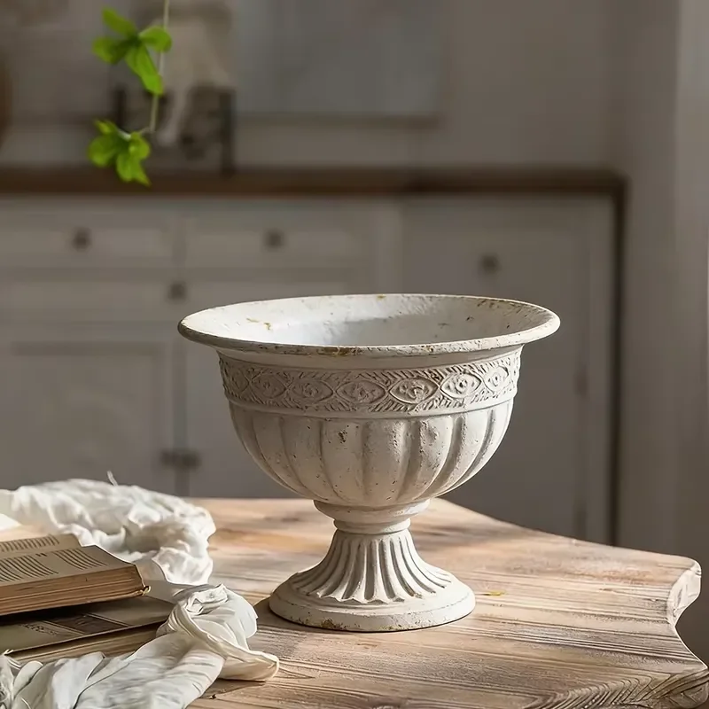 Vintage Style White Resin Flower Pot Faux Old Finish Delicate Pattern Bowl Shape Indoor Shelf Display Farmhouse Home Decor