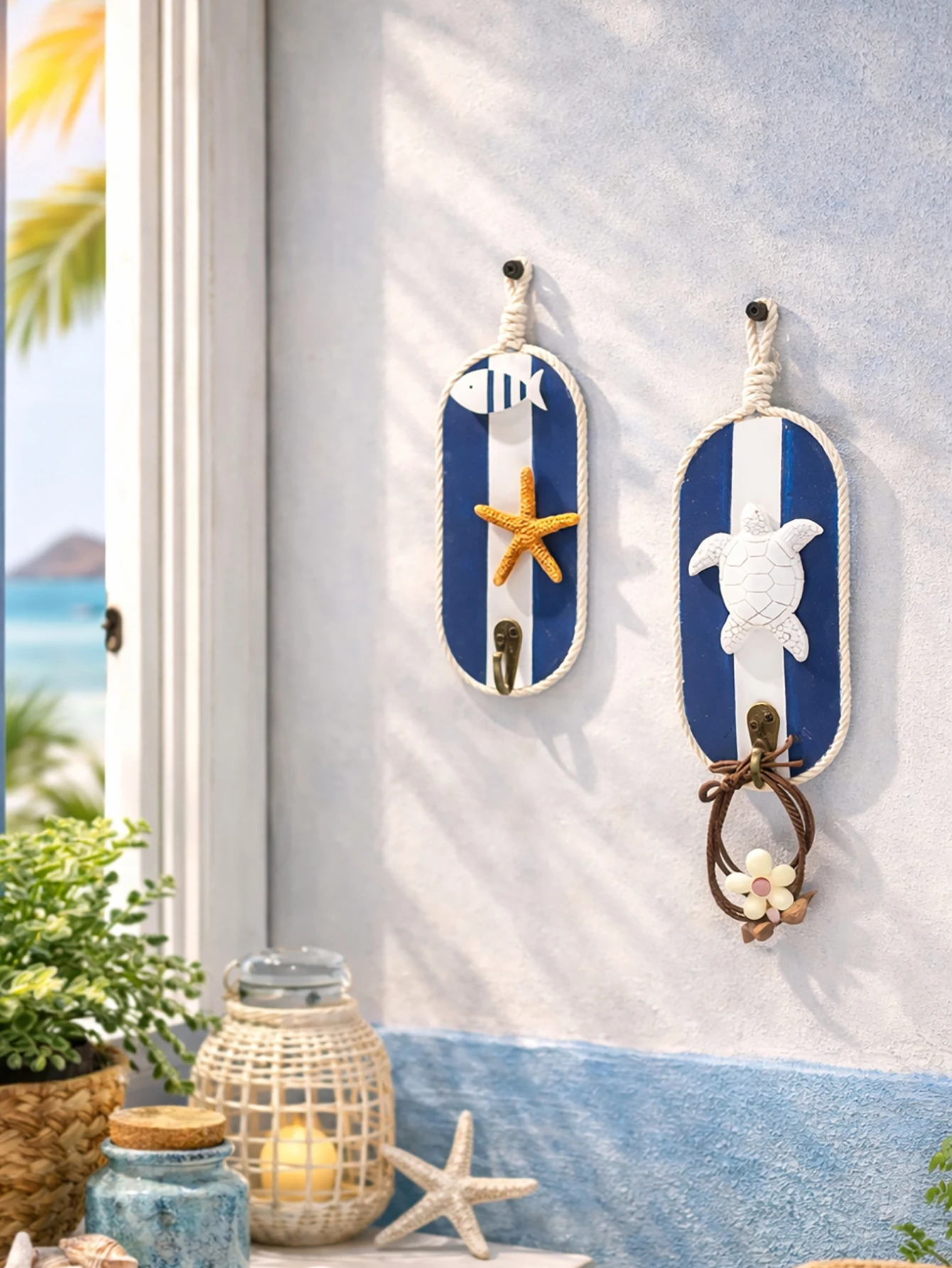 Nautical Wooden Wall Hooks with Starfish Seahorse Turtle, Blue White Striped Hangers for Keys Towels & Bags, Coastal Home Decor
