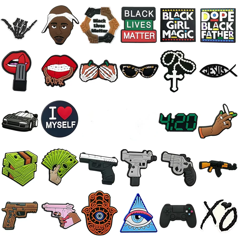 1/30pcs Trends Hood Style Shoe Charms HipHop Singer Game Controller Dollar Gun Men Boys Shoe Accessories Pins Clogs Decorations