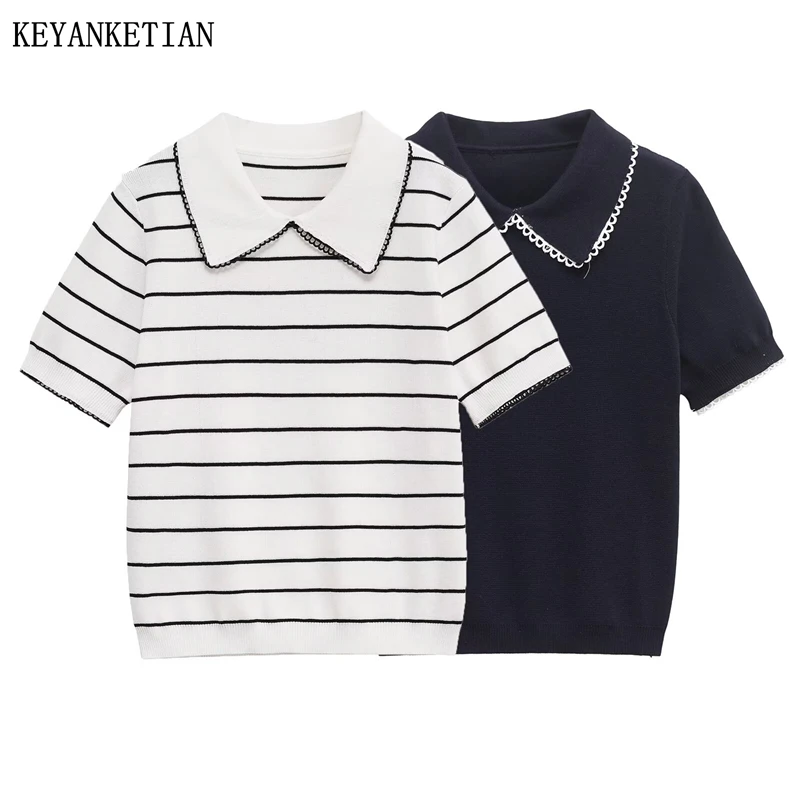 KEYANKETIAN Summer New Women's Collar With Visible Thread Decoration, Short Sleeved Striped Knitted Sweater For Women