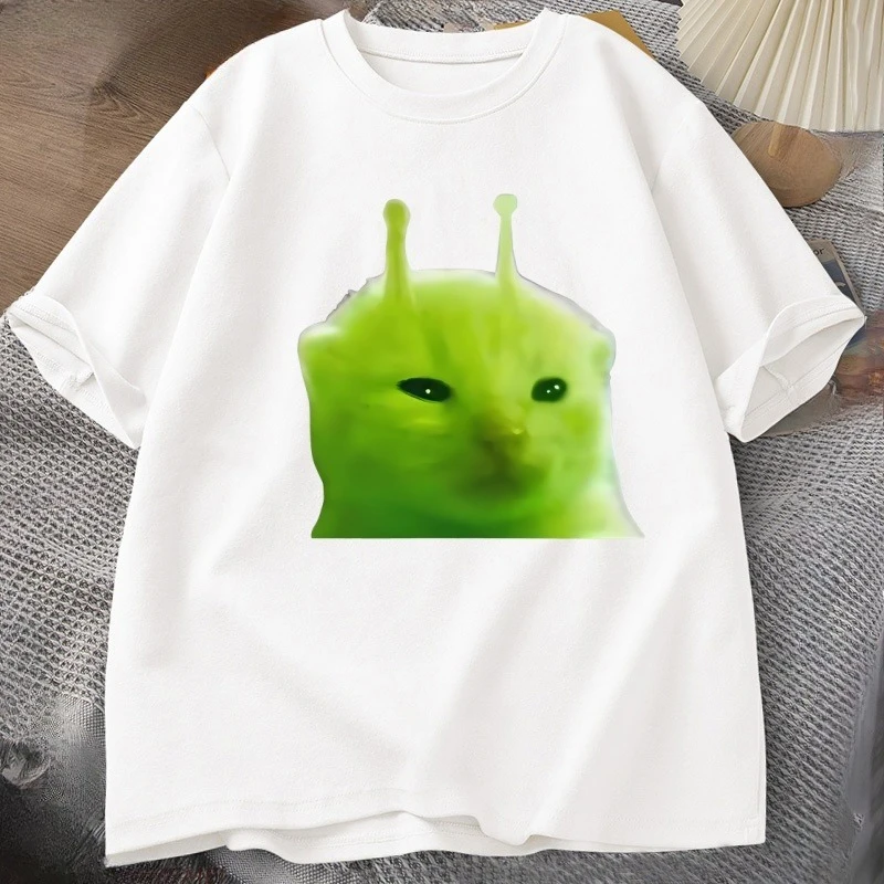 Green Alien Cat T Shirt Women Men Cat Meme Tee Glorp Gnarp Cat Brainrot Tshirt Silly Cute T-Shirt Loose Cotton Short Sleeve Tops