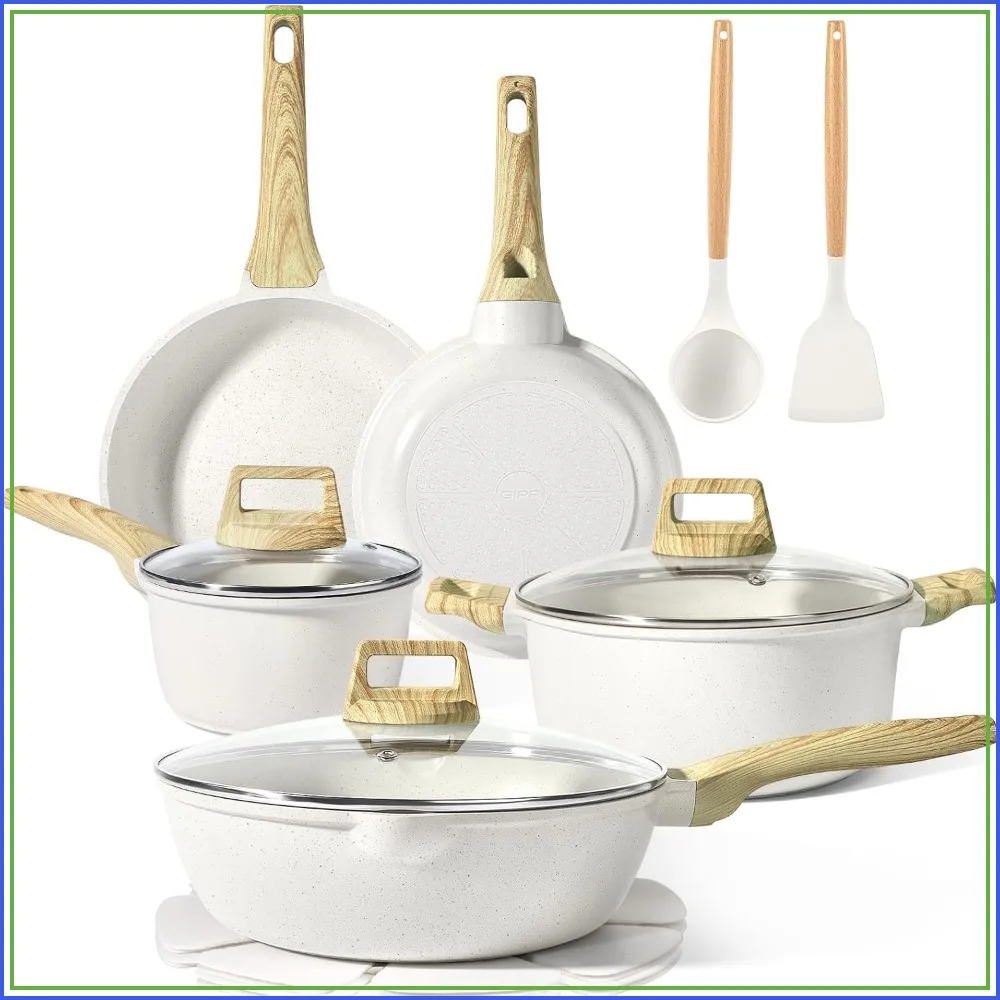 

Non Stick Pots and Pans Set - 14 Pcs White Granite Kitchen Cookware Induction Compatible with Frying Pans, Saucepans, Silicone Utensils, PFOS & PFOA Free