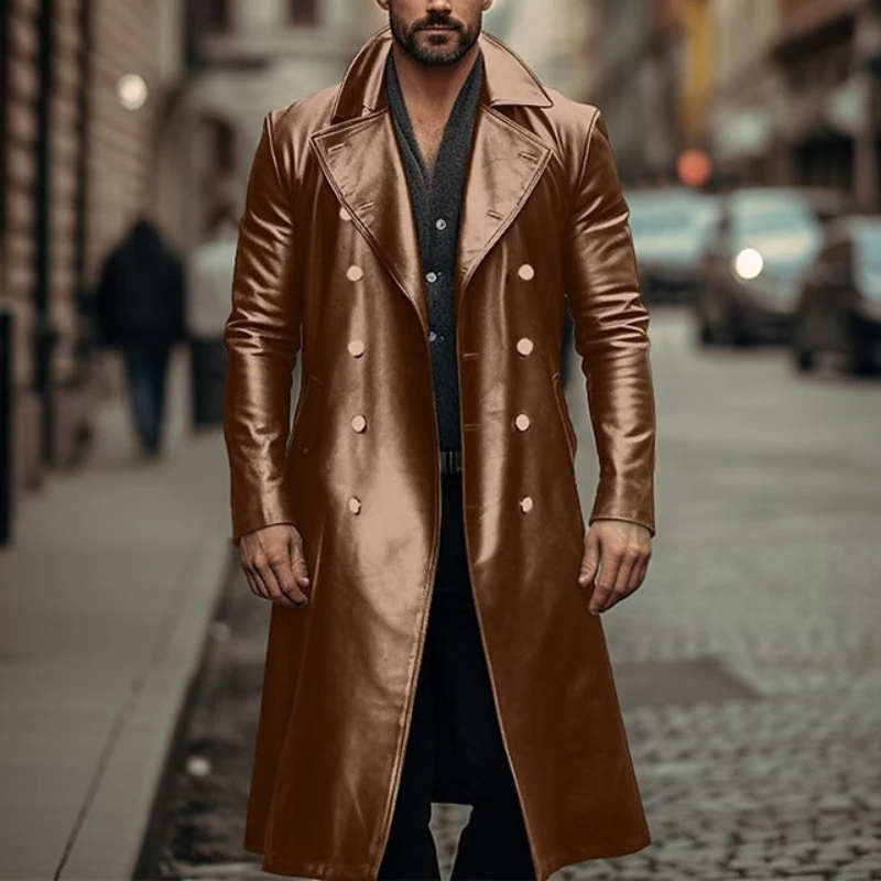 American European Men Long Leather Windbreaker Streetwear Double-breasted Men's Leather Jacket Steampunk Mens Clothing Plus Size - Image 3