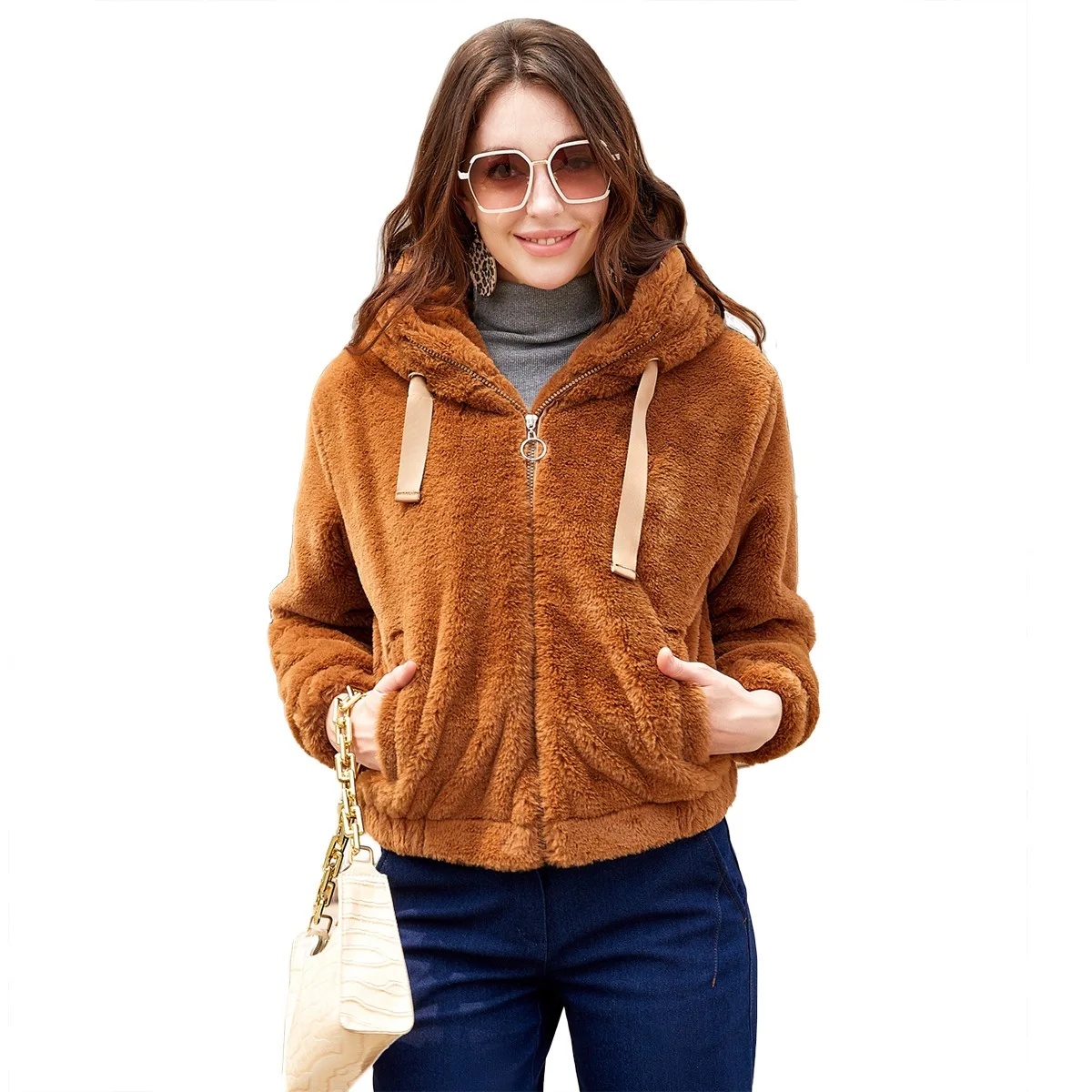 Autumn And Winter New Women's Plush Jacket Hooded Long-sleeved Warm Cotton Clothes Solid Color Short Top