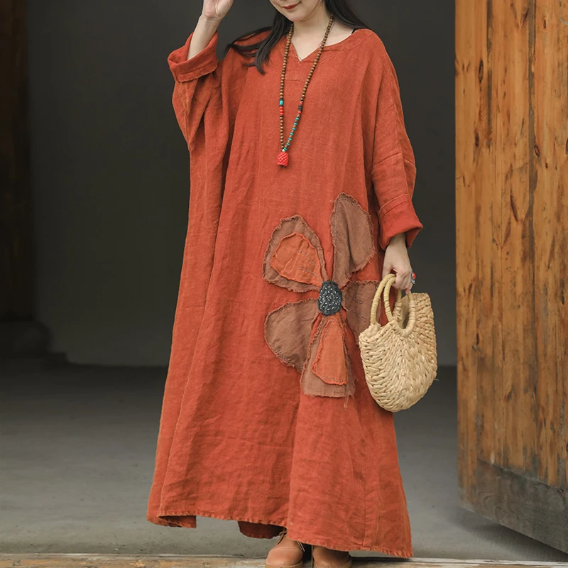 Women\'s Casual Loose Linen V-Neck Maxi Dress Long Sleeve Flowy Boho Dress Drop Shoulder Vintage Flax 2024 Spring Autumn Fash
