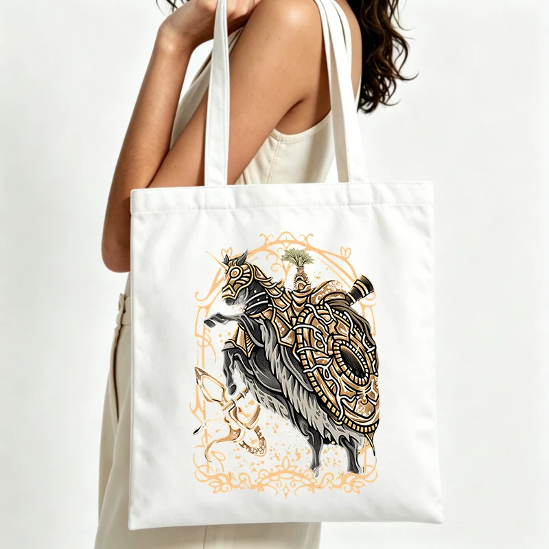 fantasy creature print canvas tote bag with artistic design, ideal for daily shopping and casual outings