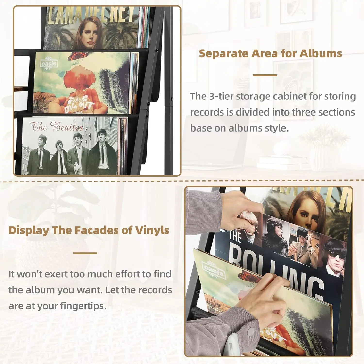 3-Tier Vinyl Record Storage Stand with Turntable Table and Display Shelf, Holds 200 Albums