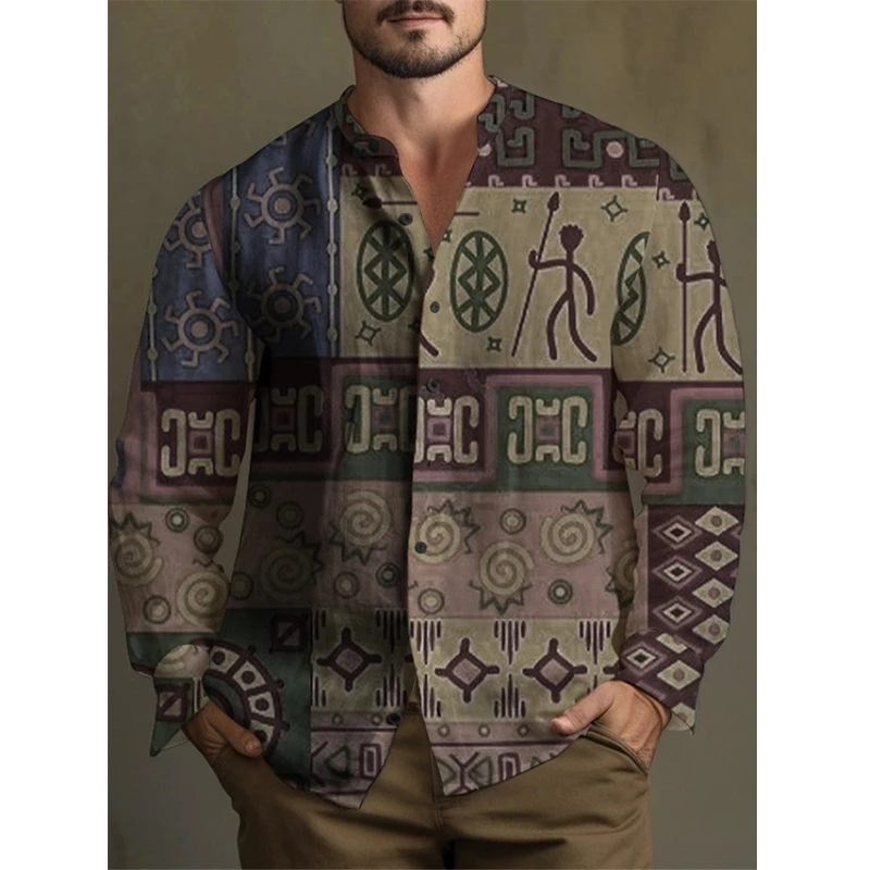 2024 Autumn African Mural Painting Men Hawaiian Shirt 3d Stripe Shirt For Men Hawaiian Shirts Long Sleeve Oversized Loose Camisa