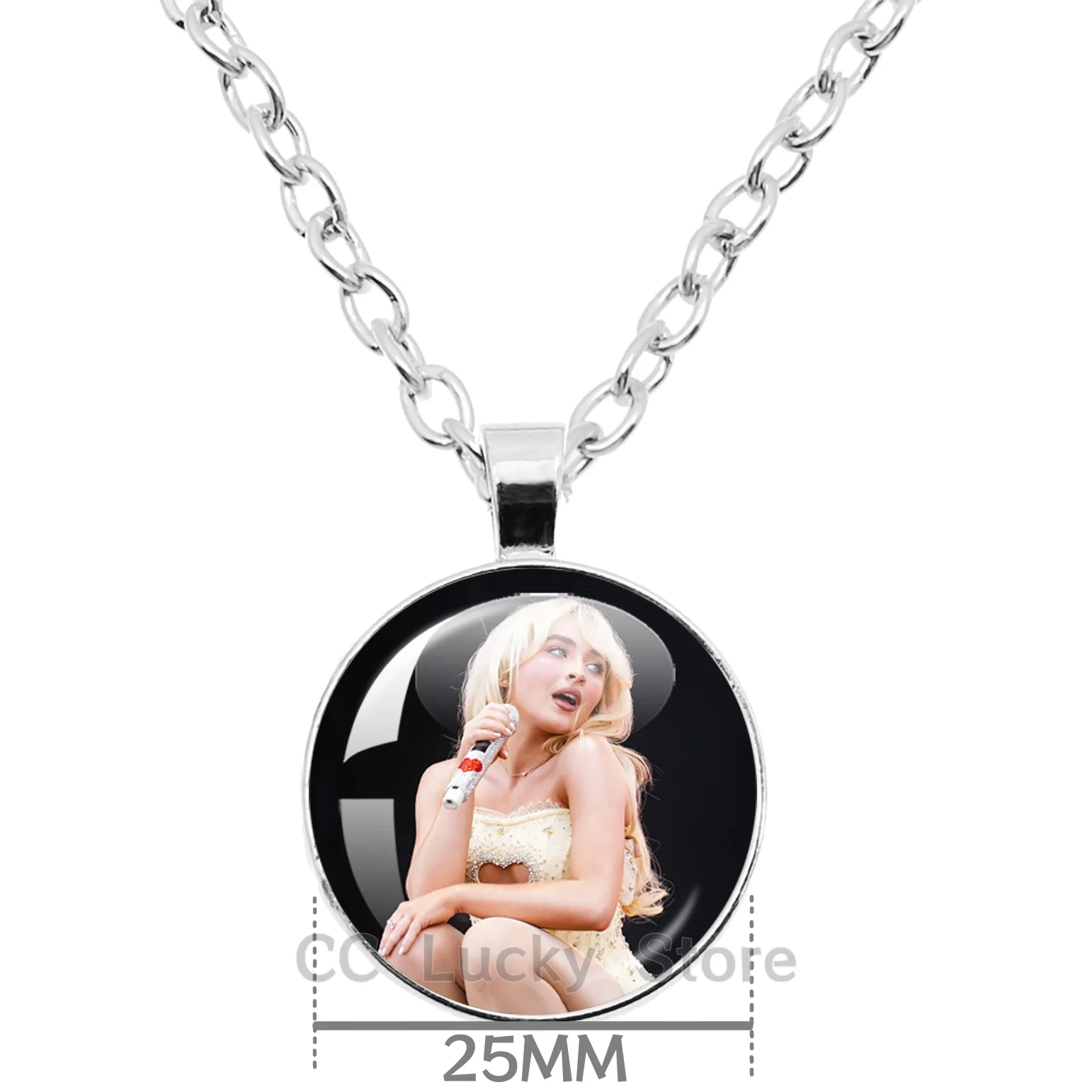 Sabrina 25MM Round Glass Cabochon Necklace Sabrina Carpenter Metal Chain Necklace Jewelry Accessories Music Themed Earrings Gift