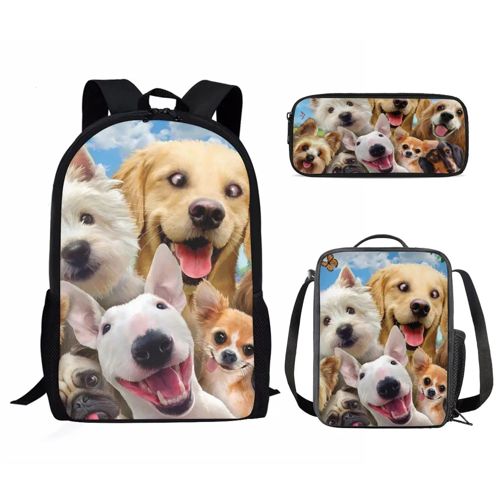 Cute Husky Dog Bulldog Print 3Pcs School Bag Set for Teenager Boys Girls Student Daily Campus Book Bag with Lunch Bag Pencil Bag