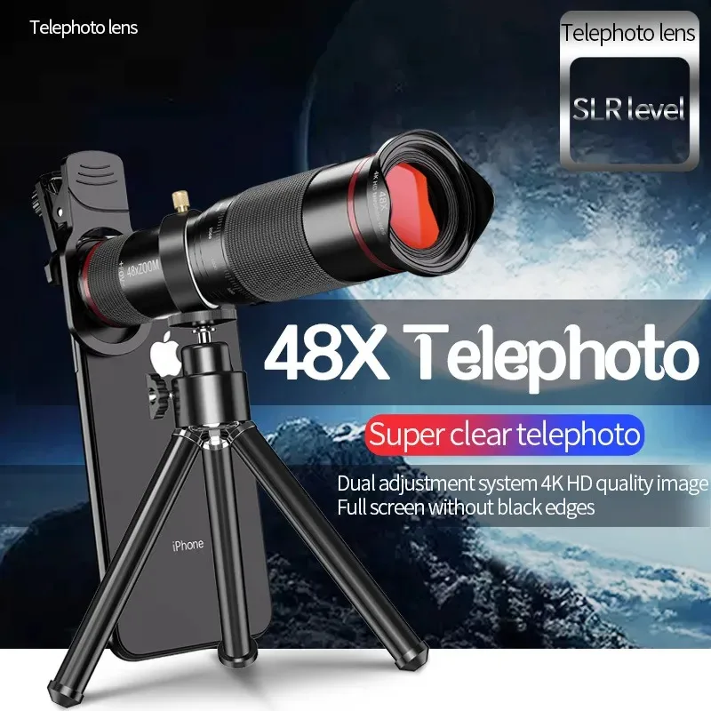 48x Hd Zoom Mobiele Telefoon Lens Krachtige Verrekijker Lange Afstand Monoculaire Metalen Telescoop Telelens Met Statief Voor Kamperen