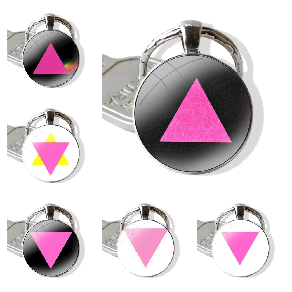 Pink Triangle Keychain Handmade Glass Cabochon Key Ring Holder Pendant Key Chains