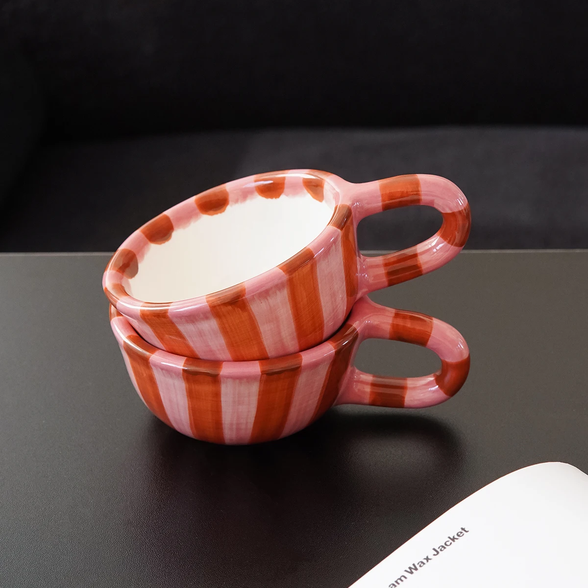 Taza de cerámica a rayas rosa, taza de café de cerámica a rayas, exquisita y hermosa, adecuada para uso diario en el hogar para beber agua, taza de leche para el desayuno, taza de café para el té de la tarde, taza de café con leche, regalo