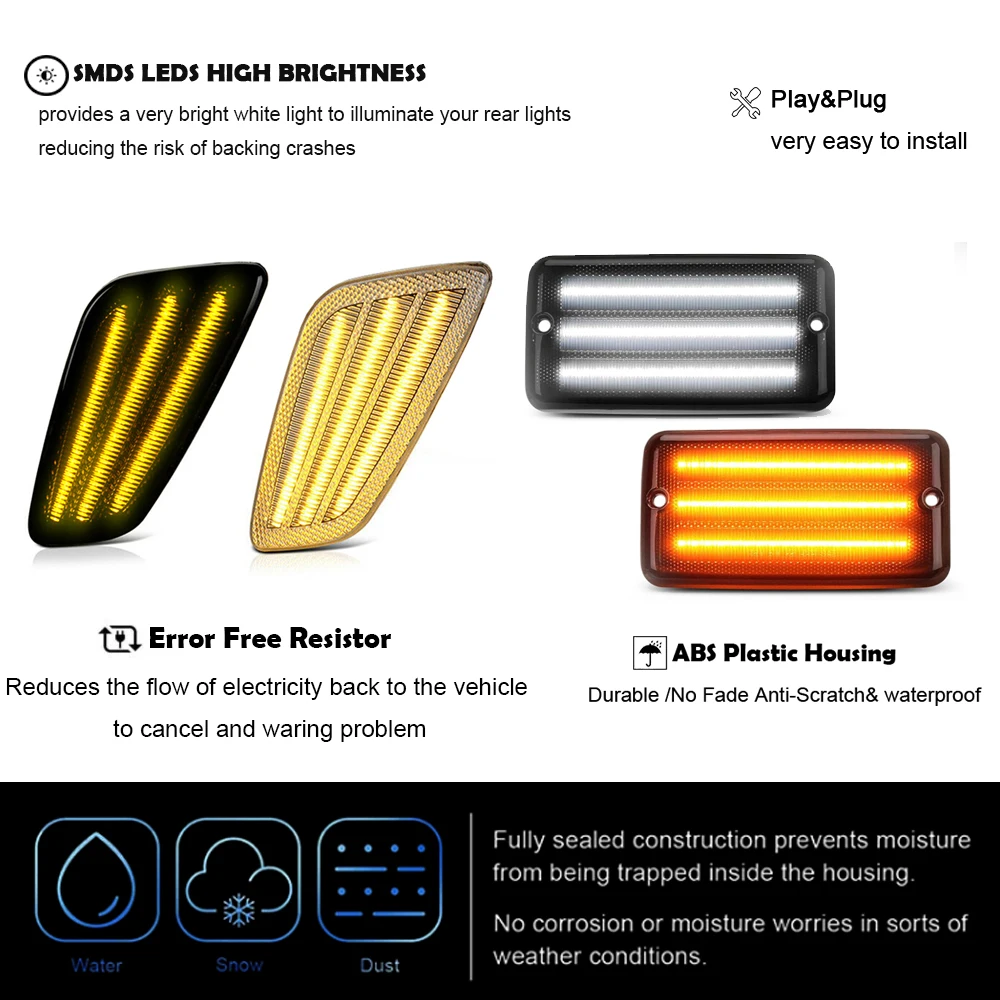 For Jeep Wrangler TJ 1997-2006 LED Sequential Blinker Front Fender Side Marker Lights Flashing Turn Signal Lamp Smoked Amber