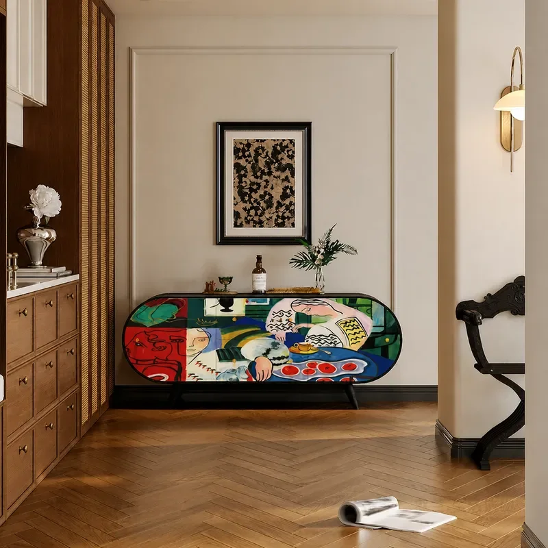 Light Luxury Abstract Vertical Solid Wood Side Cabinet Integrated Wall Decorative Storage Unit Multi Functional Bedroom