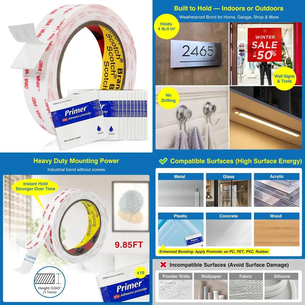 

Double-Sided Tape Heavy Duty – 1" × 9.85FT Removable Mounting Tape with Adhesion Promoters – Damage-Free Wall Hanging Strips for