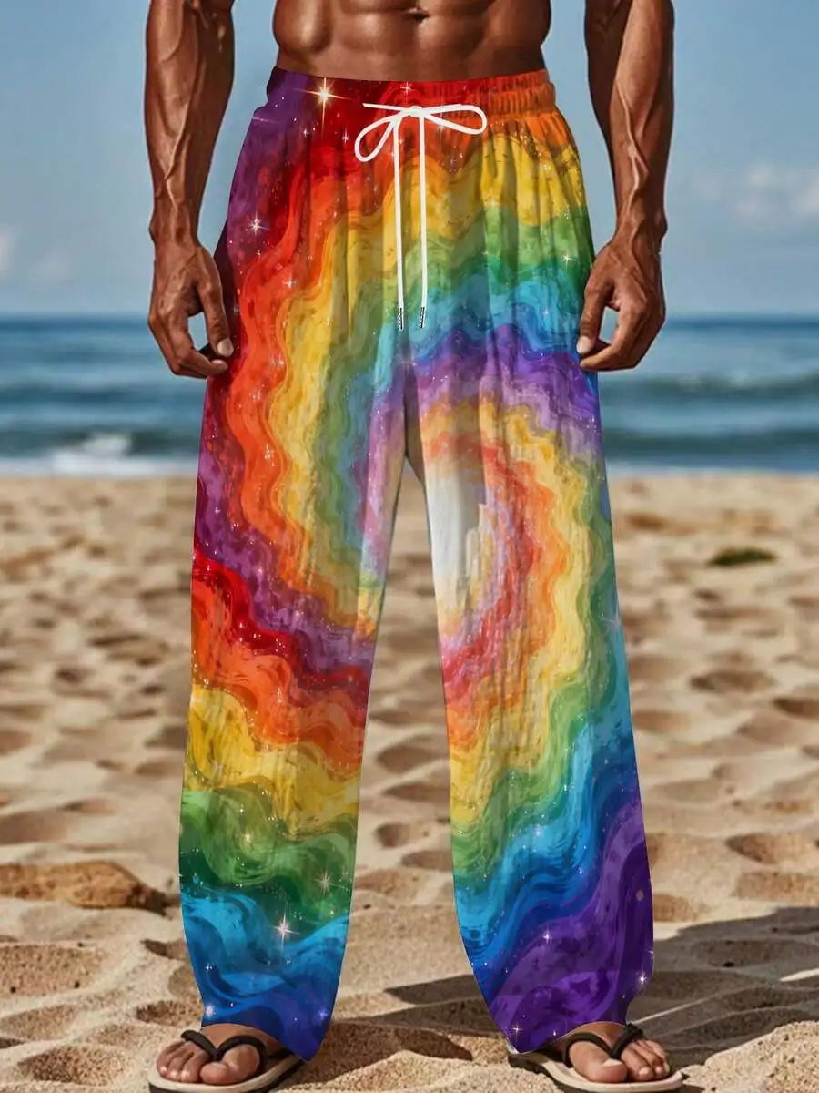 

3D Printed Rainbow Wave Beach Pants Men Casual Loose Fit Summer Lightweight