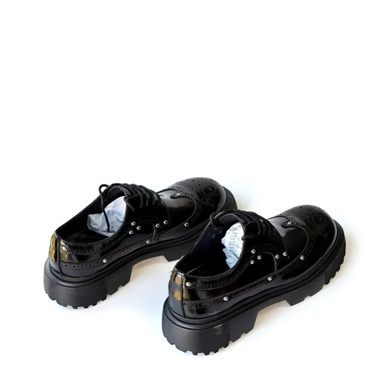 Leather flat men's shoes spring round toe rivet lace-up high-heeled rubber thick-sole leather shoes banquet large size men shoes