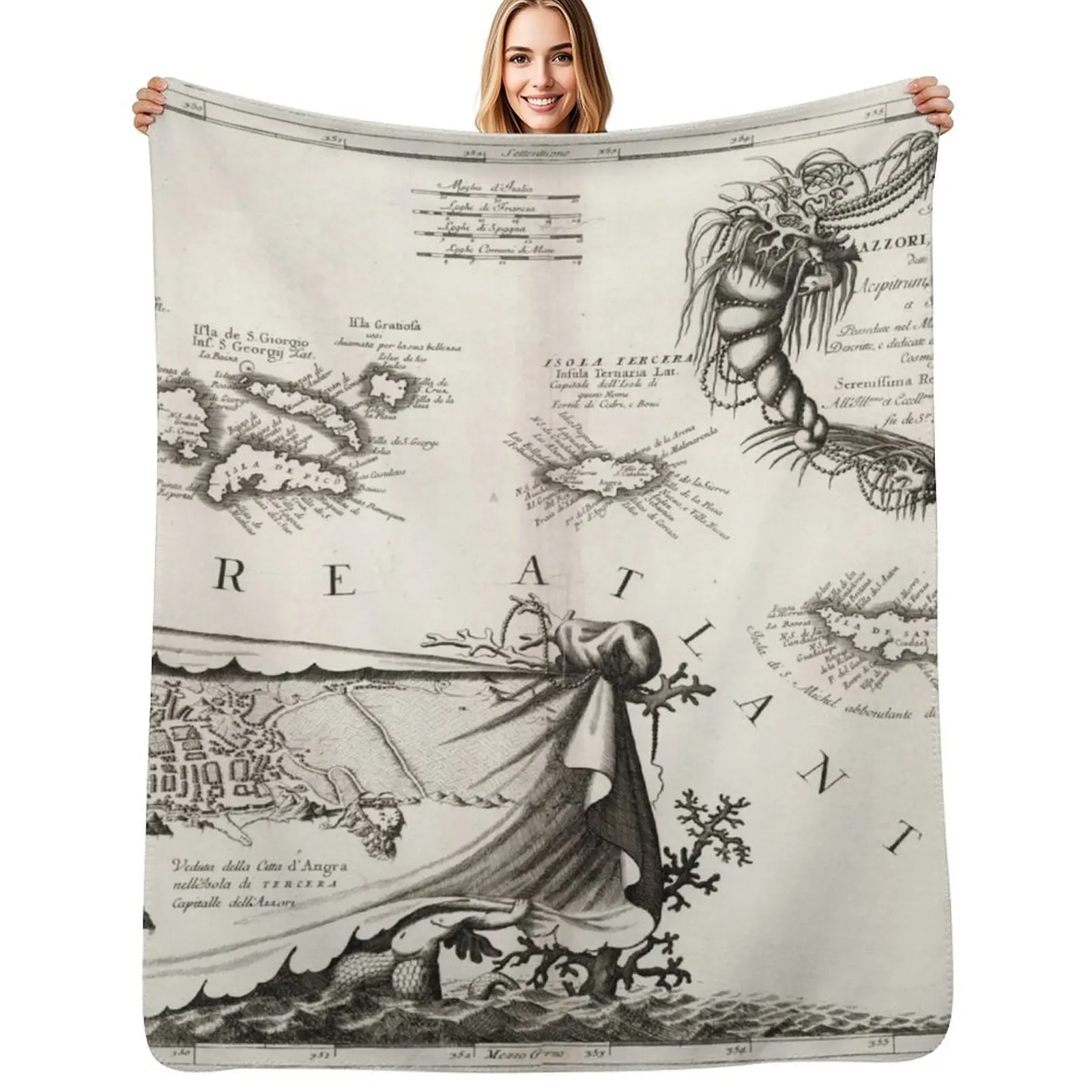 Old Azores Islands Map (1690) Vintage Portuguese Isles Atlas Throw Blanket Shaggy Soft Big Custom warm for winter Blankets