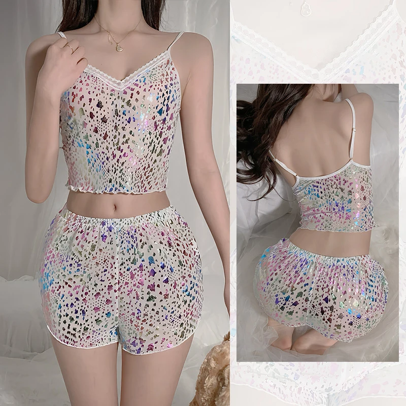 

Fashion Home Sexy Mesh Leopard Print Suspender Shorts Two-Piece Pajamas For Women