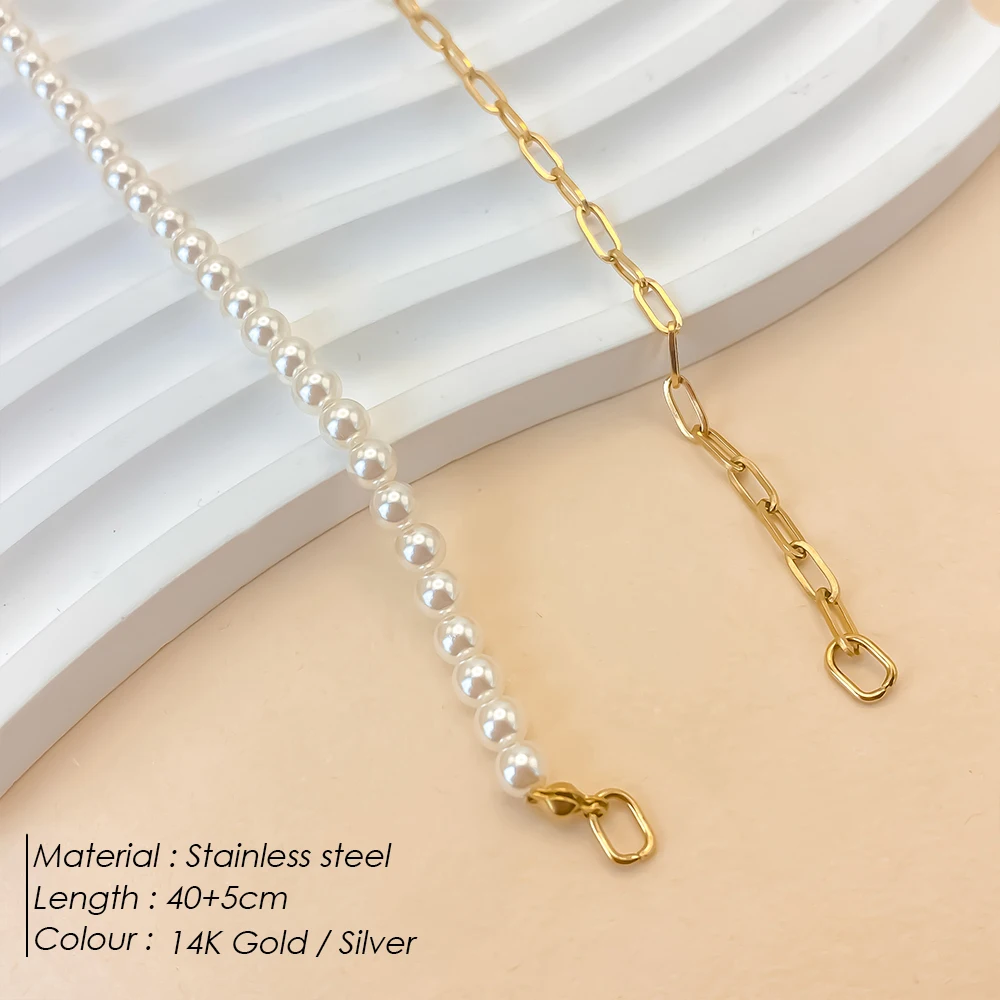 eManco Stainless Steel Paperclip Chain with 4MM Imitation Pearls Upgraded Lobster Clasp Connector for Necklace Jewelry Making