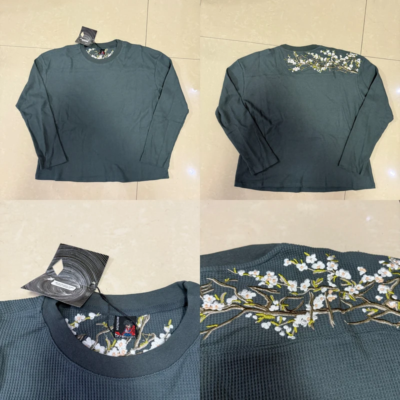 

Derschutze T-Shirt Floral Pattern Embroidery Waffle Long Sleeve Men Women High Street Loose Casual Real Photo Top Tee