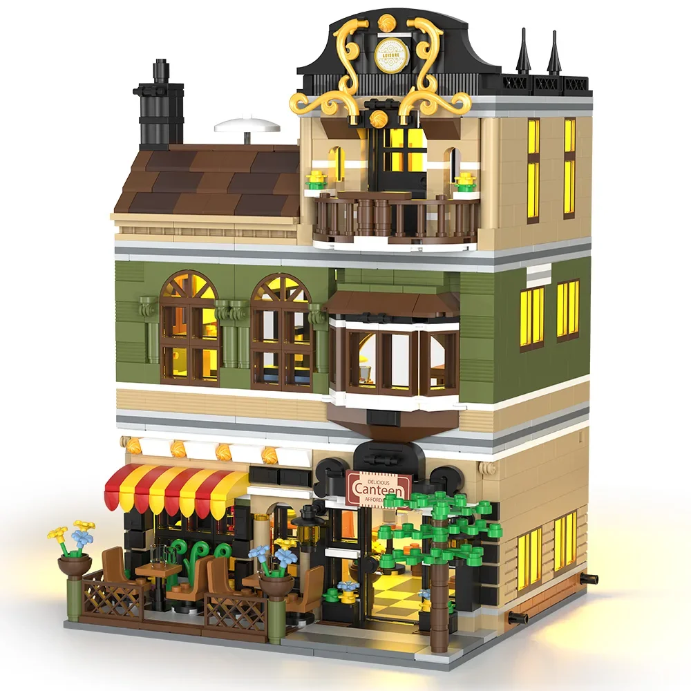 City Restaurant Building Blocks Set with LED, 1230Pcs Mini Brick Architecture Toy for Adults and Teen 14+