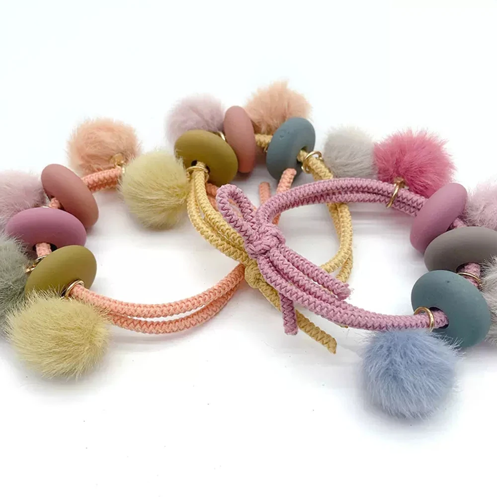 Colorful Pom Pom Balls Hair Ties Kids Girls Cute Elastic Beaded Hair Rope Children Ponytail Holder Rubber Band Headwear