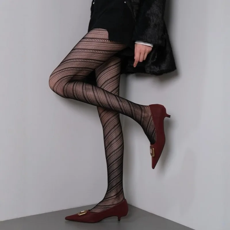 Women Sexy Twilled Stripe Fishnet Tights Nylon Mesh High Waist Pantyhose Stretchy Stockings Spice Girls Slim Bottoming Leggings