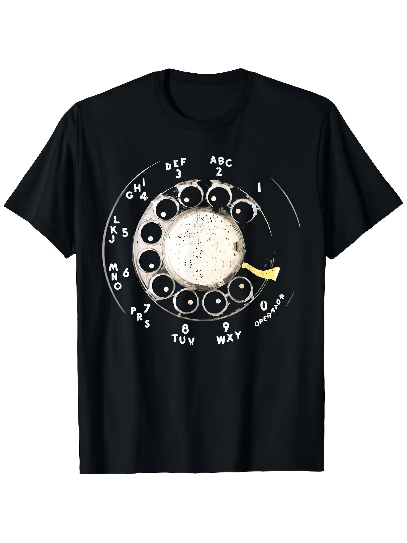 Large Size Retro Rotary Telephone Dial Pattern T-Shirt - Inspired by Nostalgic Designs from the 1960S and 1970S, Featuring a White Rotating Dial and Numbered Buttons - Comfortable Short-Sleeved Round-Neck Black Top, Suitable for Men and Women - Nostalgic Gift for Casual Wear and Themed Parties (Machine Washable), Everyday Wear, Durable