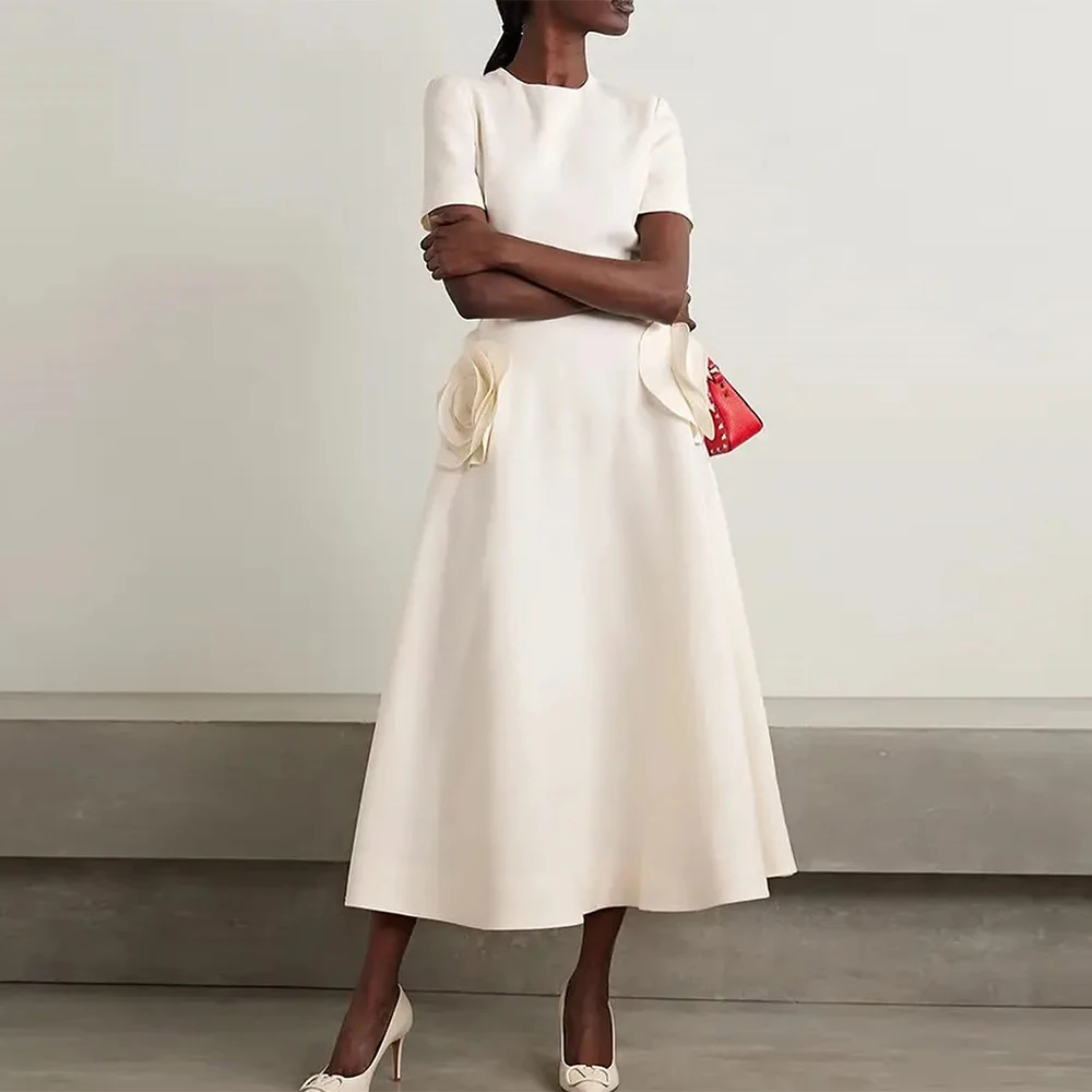 Simple Wedding Party Dresses Jersey A-line Engagement Dress Champagne O-Neck 3D flowers Zipper Hall Wedding Dress Midi 2026