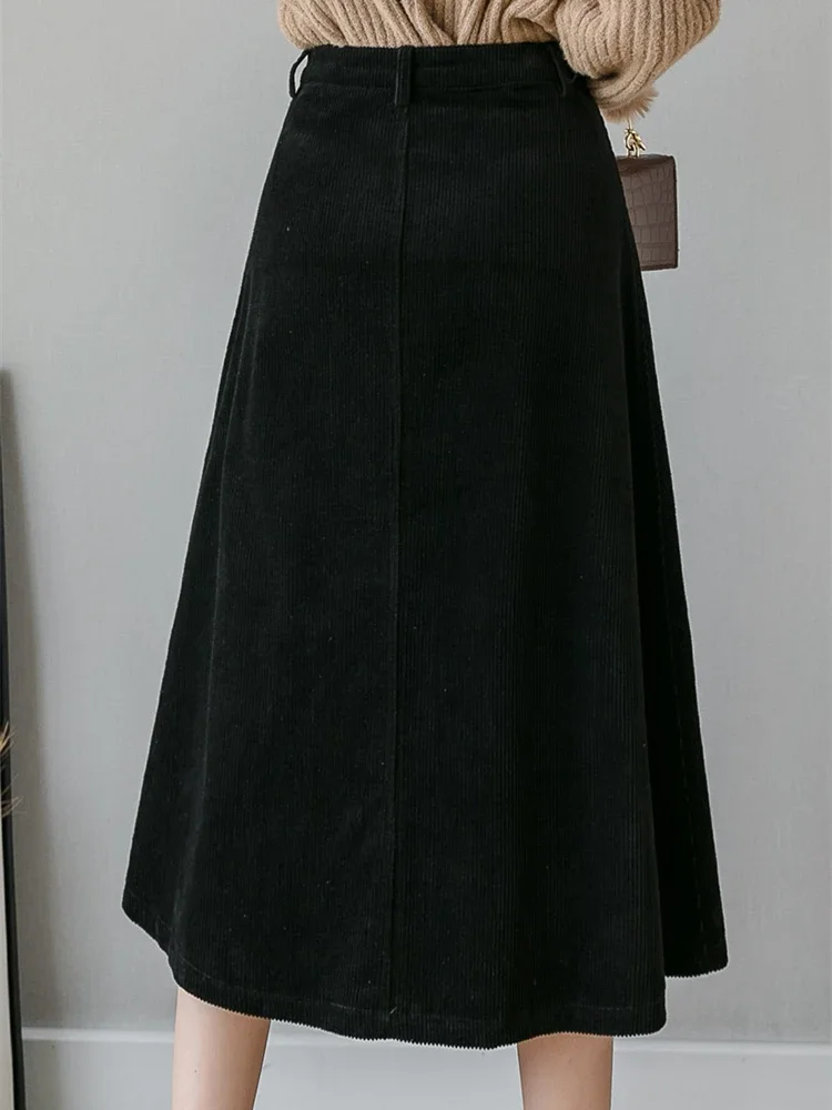 REALEFT Autumn Winter Corduroy Women A-Line Skirts 2023 New High Waist Solid Elegant Single Breasted Umbrella Midi Skirts Female