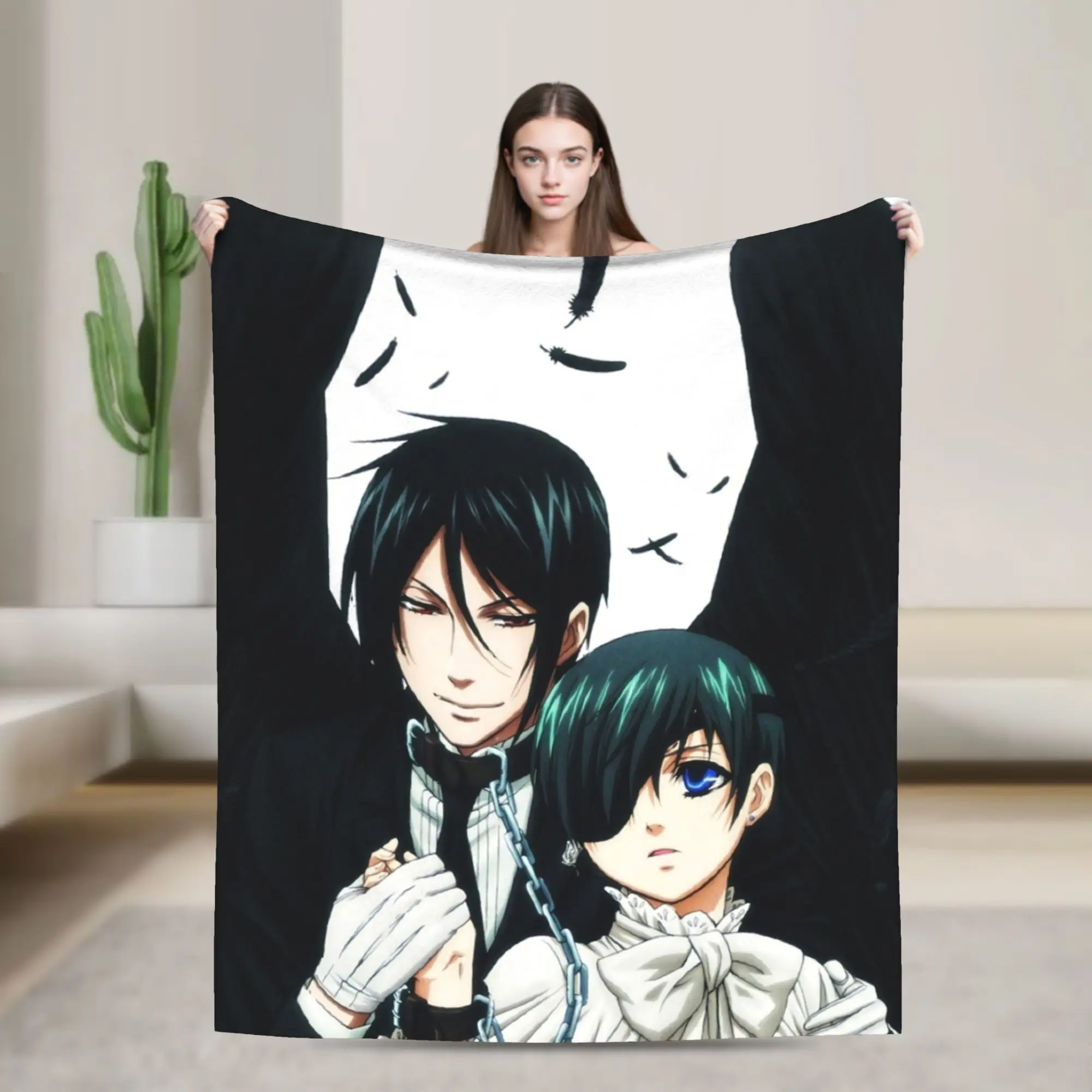 

Blackbutlers Flannel Blanket Anime Sebastian Ciel Customized Throw Blankets for Home 125*100cm Bedspreads