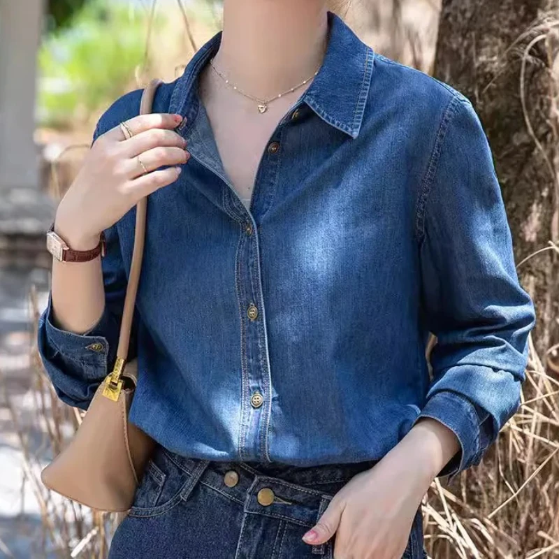 

Women Denim Shirt Top Washed 2025 Autumn Single Breasted Turn Down Collar Blouse Office Lady Vintage Tops Blouses Overshirt