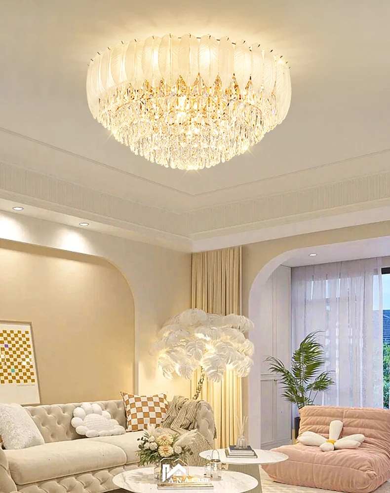 Guangdong Feather Golden Round Starry Shining Adjustable Ceiling Lamp Lighting Living Room Bedroom Lustre Luxury