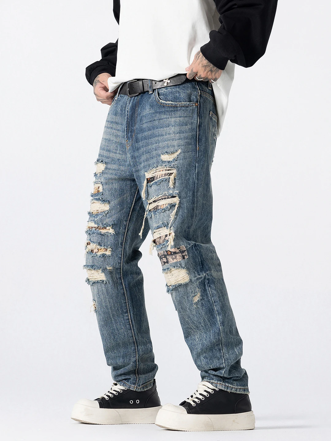 High-End Men's Jeans Patchwork Ripped Casual Loose Straight American High Street Spring Autumn Long Pants Wear Resistant