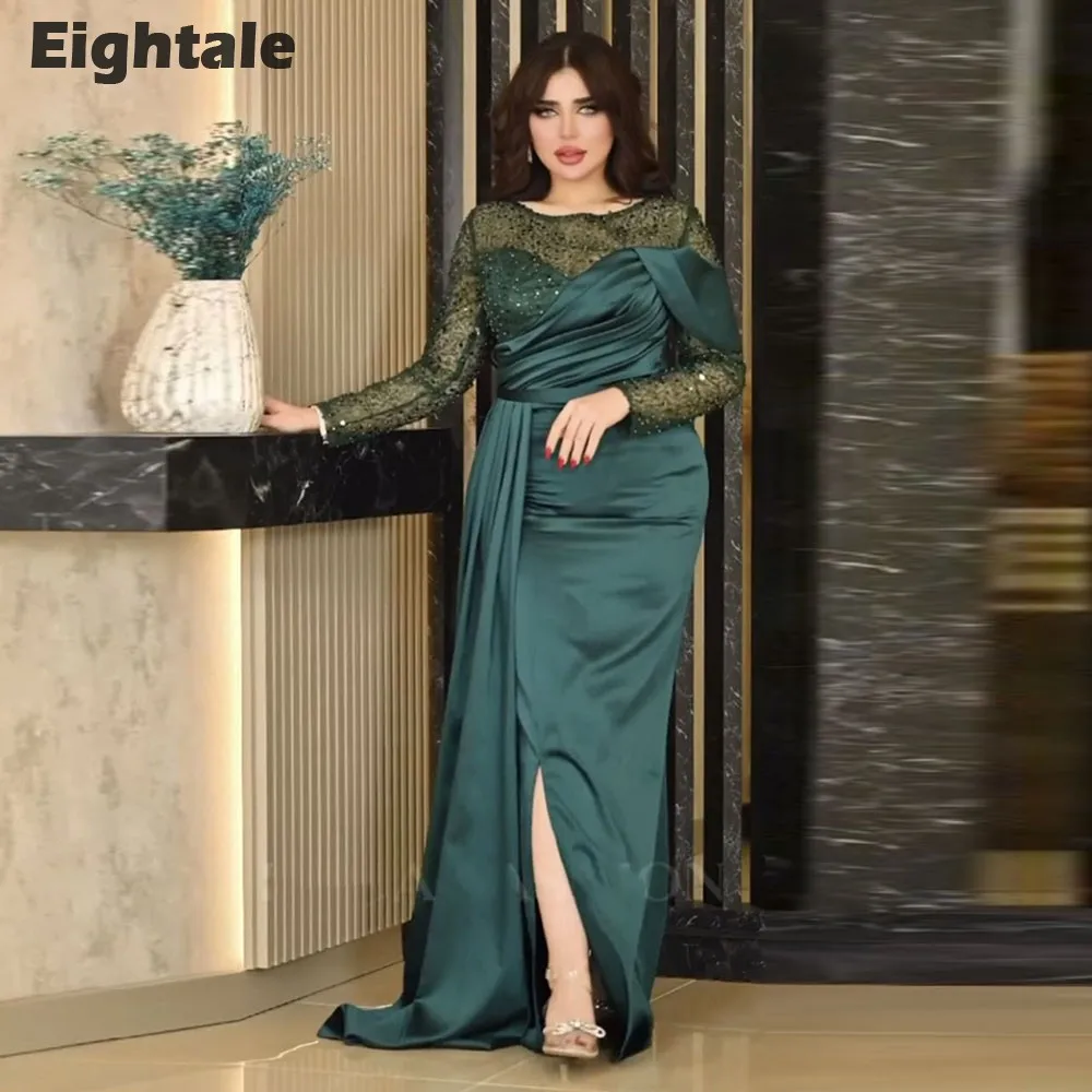 Eightale Dark Green Evening dresses for women Customized Long Sleeve Satin Arabic Prom Party Gown Wedding sukienki na studniówkę