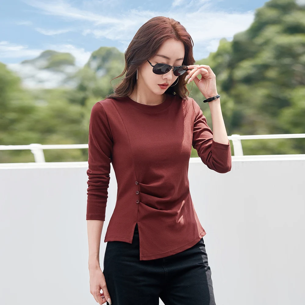 

Korean style long sleeved T-shirt for women in spring and autumn, new high-end cotton fashion plus size irregular pleated top