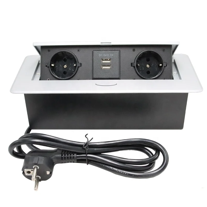ZING EAR Hidden Silver USB Tabletop Power Socket Box with 2 Outlets 2 USB a Ports 16A Slow Lift Pop-Up Design EU Desktop Socket