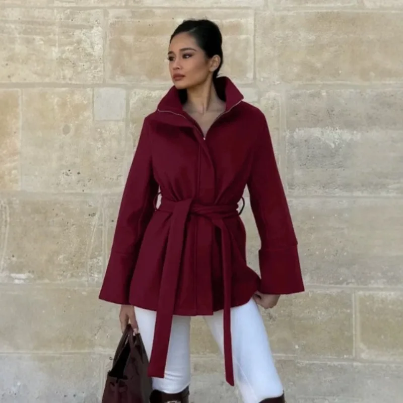FRAYA LAB Women Commute Woolen Coat Lapel Collar Wine Red Belted Waist Designer Jacket Fall Winter 2026 New Chic Trendy Soft Top