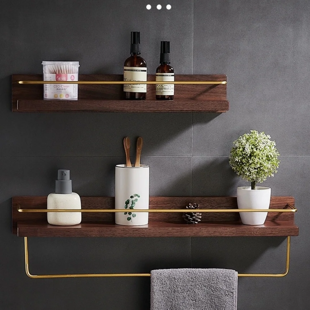 

Walnut Bathroom Storage Rack Black Bathroom Shelf Wall-Mounted Bath Caddy Rack Bathroom Corner Shelf Kitchen Storage Rack