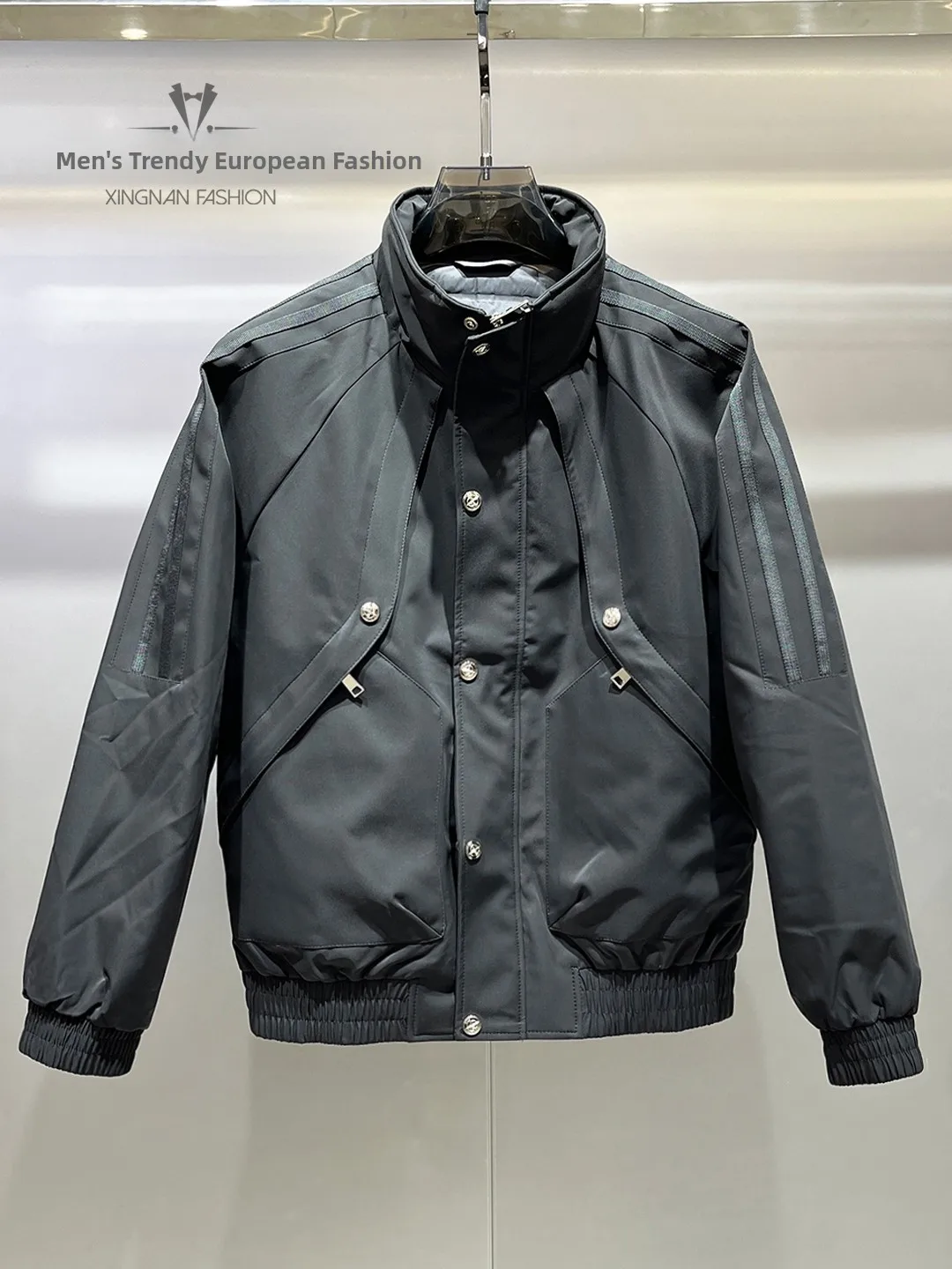 

Мужская зимняя куртка-пуховик 2025 с воротником-стойкой, белая, с дизайнерскими вставками, повседневная, на молнии