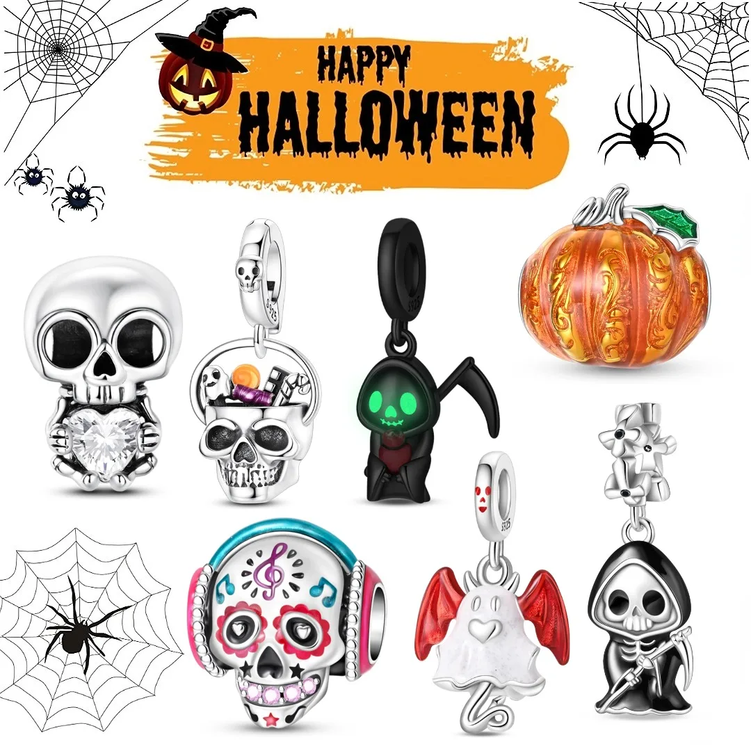 925 Sterling Silver Halloween Pumpkin Skull Demon Pendant – High-Quality, Exquisite Jewelry, Ideal for DIY Women's Bracelets