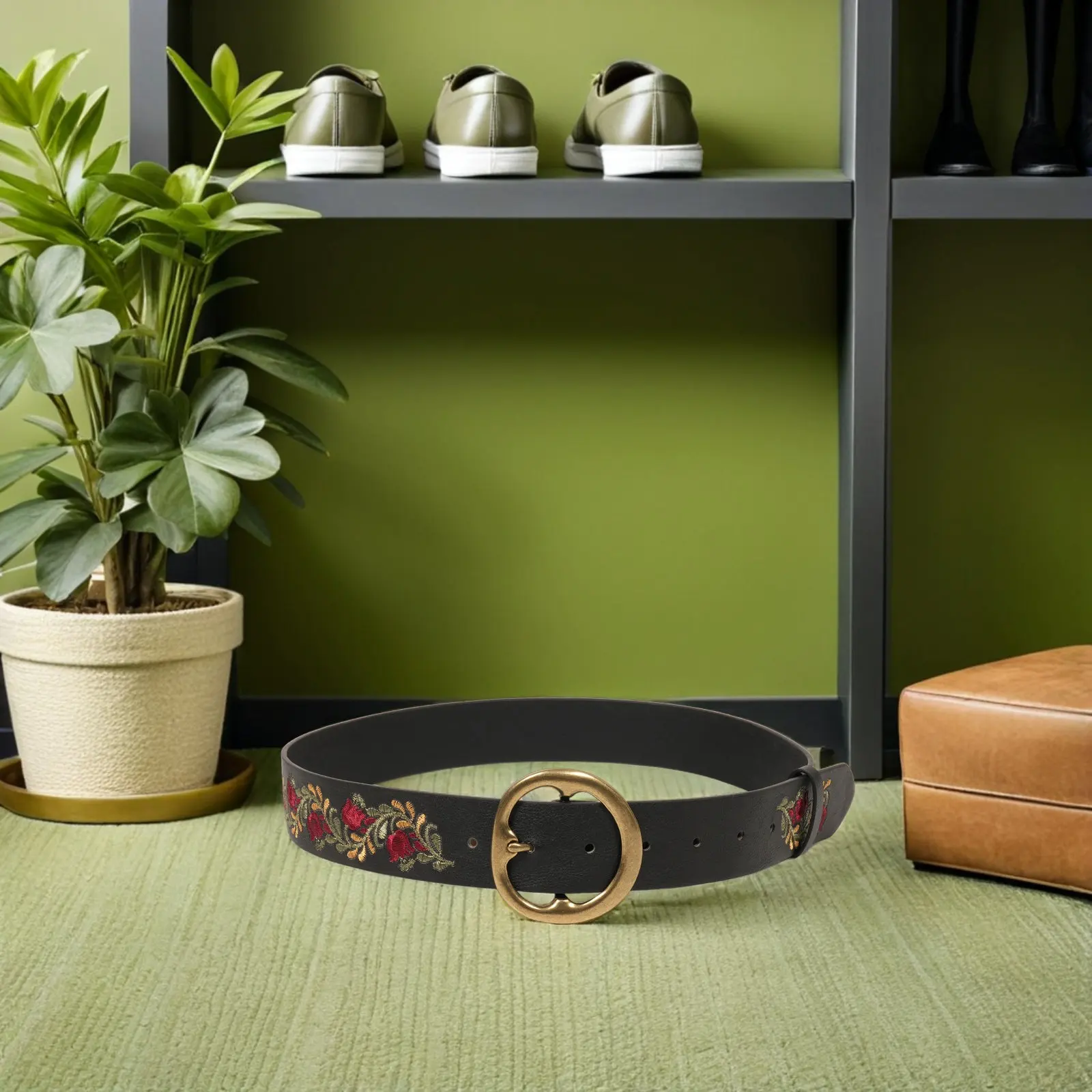 Boho Embroidered Wide Waist Belt Floral PU Adjustable Buckle Sash for Dresses Jeans Skirts Vintage Country Style