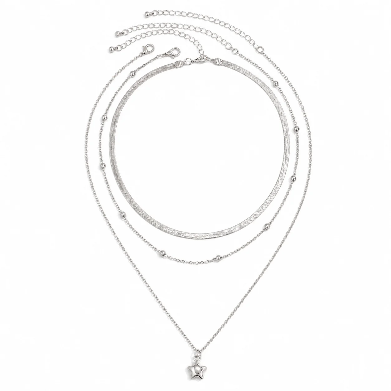 Mit Geschenkbox 3-teiliges versilbertes mehrlagiges Halsketten-Set für Damen, Sternanhänger, Perlenkette, Fischgrät-Choker, trendiges Schmuckgeschenk – Detail 5