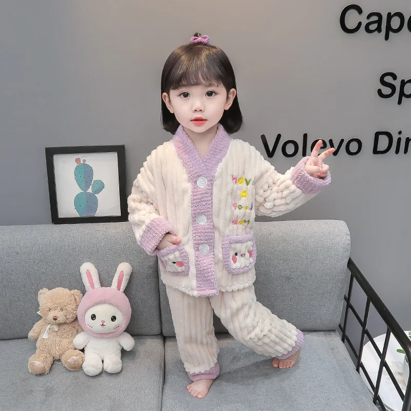 Children Pajama Set Coral Velvet Girls Home Clothing Autumn and Winter Thickened Warm Baby Cartoon Pajama Set