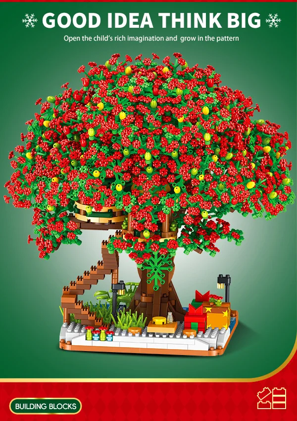 Baumhaus-Baustein-Set, Regenbogen-Sakura, Weihnachten, rote Kirschblüten, 3D-Modell, Mini-Bausteine, Figuren, Spielzeug für die Heimdekoration – Detail 4