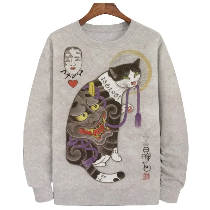 Japanese Style Cat Printed Sweatshirts & Hoodies For Men Autumn Winter Long Sleeve O Neck Hoody Harajuku Top Men Clothing 5XL