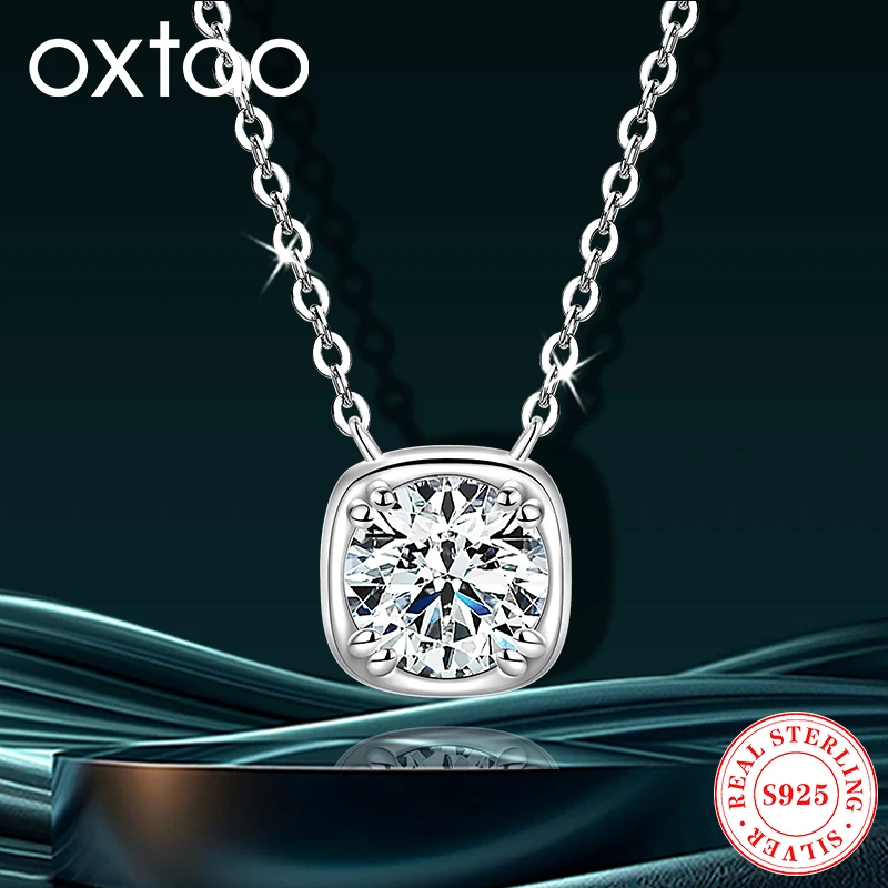 

OXTAO 6.5mm Moissanite Square Pendant Necklace Certified 925Sterling Silver D VVS1 Simple Solitaire Necklace Fine Female Jewelry