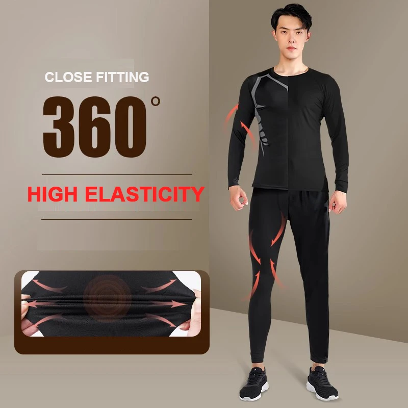 Quick drying tight fitting men's long sleeved fleece warm autumn fitness running suit breathable training basketball base coat image 4